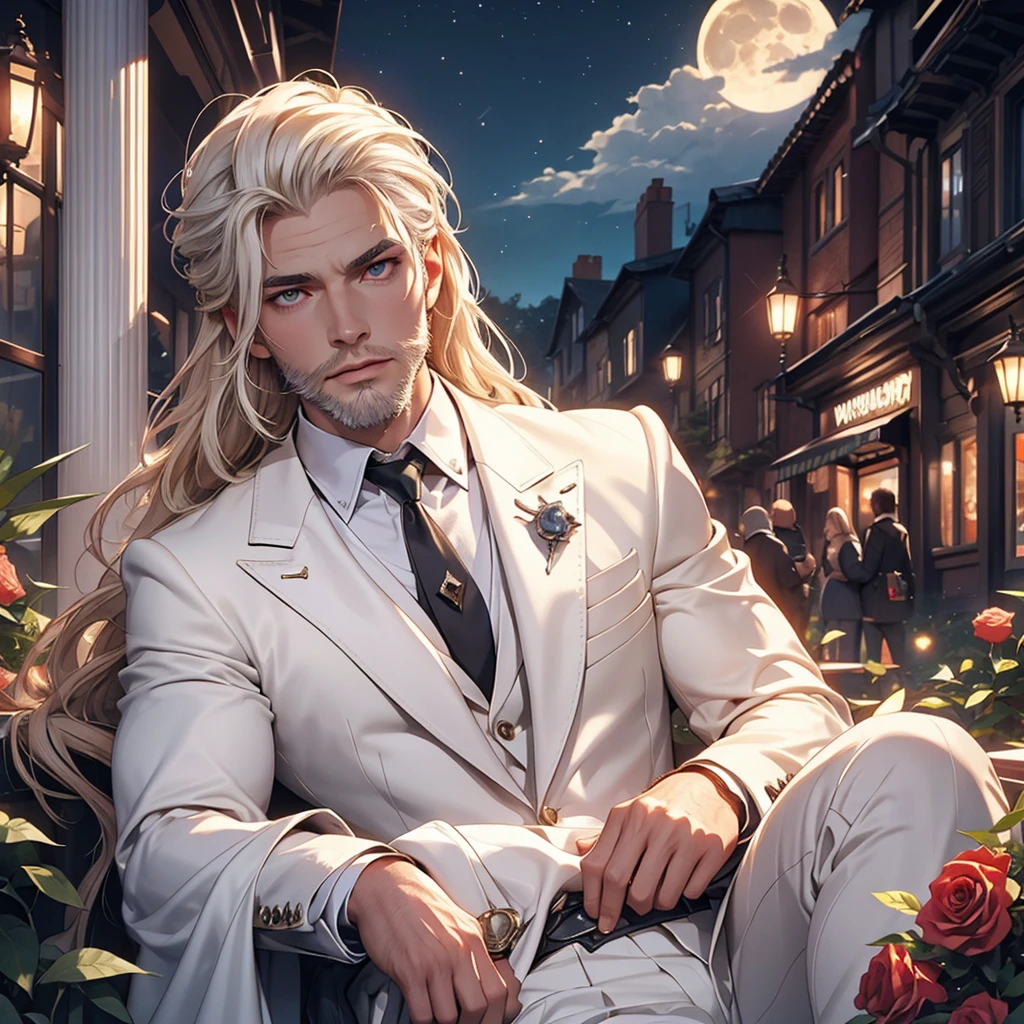 masterpiece, Highest quality, (alone focus), (Perfect Face:1.1), (Attention to detail:1.1), (Ultra-detailed eyes), dramatic, 1 person, (Pale skin), Long white hair, Psychic Eyes, (Thin eyebrows), alone, Long Hair, Tiago Azevedo, moon, night, White luxury suit, Pouting, fur, Proud look,garden, Detailed Background, Art by artgerm, Cinema Lighting, rose, fashion, Balenciaga Style