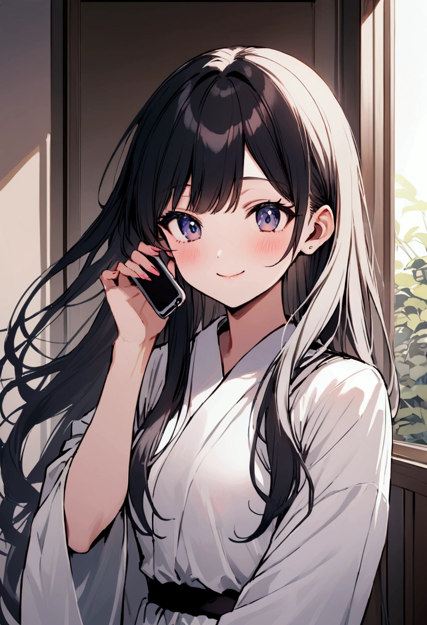 Inside the room　Japanese　20th Generation　woman　Holding your phone to your ear　Long hair smiling