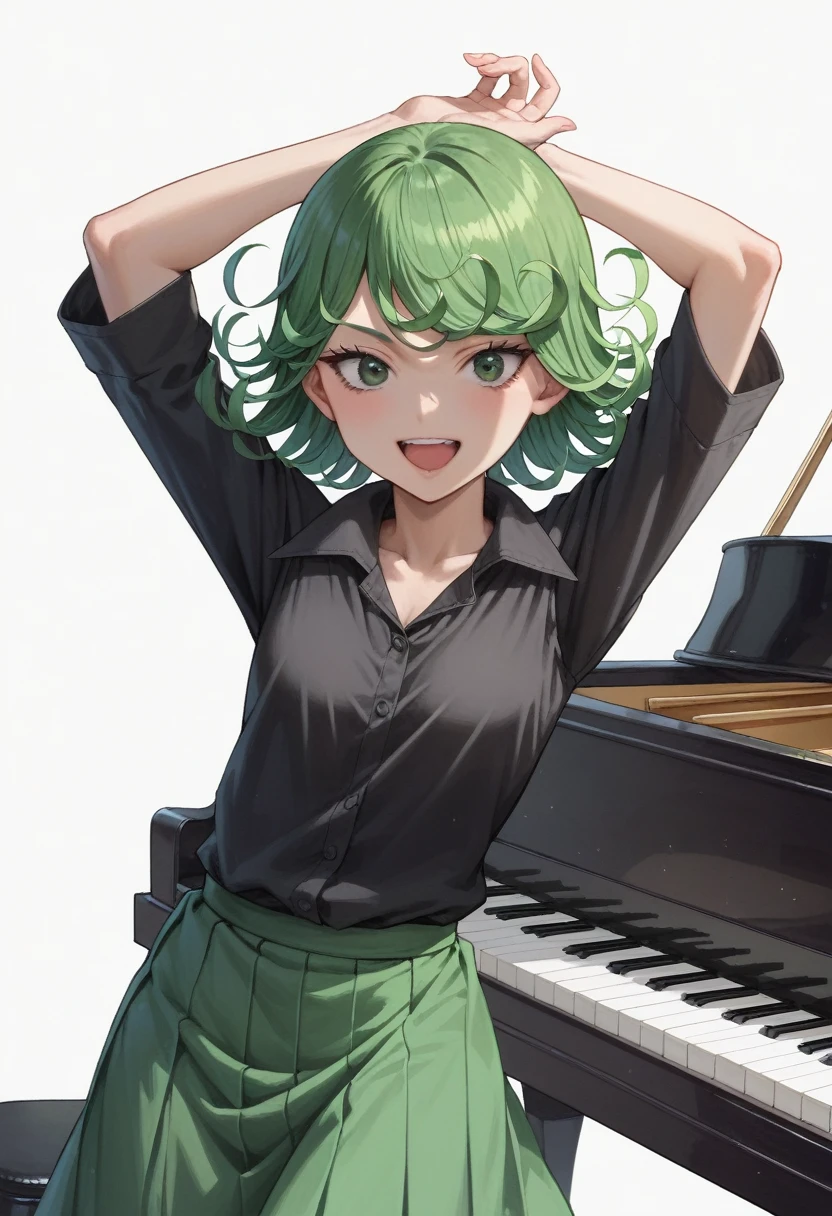 anime girl with green hair and green skirt playing a piano, tatsumaki, fubuki, chihiro! fujisaki, anime moe artstyle, pose(arms up + happy), mikudayo, rei hiroe, in anime style, wataru kajika, iwakura lain, in ryuuou no oshigoto art style