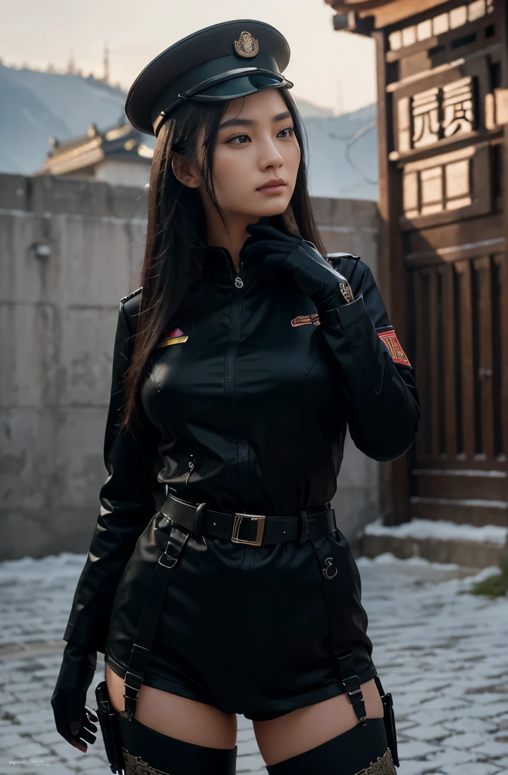 Very beautiful female soldier, Chinese characteristics, Highly detailed face, long black hair, military hat, Black military uniform, Belt with ammunition, Harnesses, carries a rifle, Highly detailed hands, Hands with black gloves, is in a Chinese military installation, exterior , ultrarealistic, 4k, Ultra detailed image, realistic, Highly detailed, perfect composition, gorgeous, Intricately detailed, incredibly detailed, Art photography 8K, hyper detailed, Masterpiece, Ultra detailed, hyper realistic, 4k, Ultra detailed image, realistic, Highly detailed , perfect composition, beautiful, intricately detailed, incredibly detailed, art photography 8k, hyper detailed, masterpiece