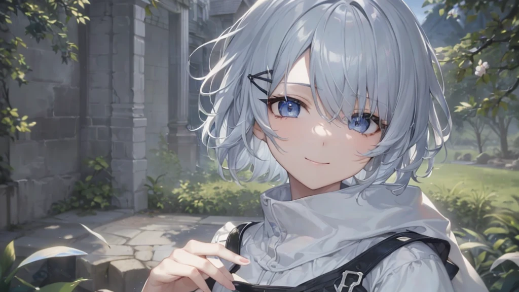 とてもShort Hair, Long bangs between the eyes, Very detailed,(masterpiece、Highest quality)、alone、Gray Hair、Fantasy, Silver Hair, Fantasyな風景、smile、Open your mouth、short hair、Short Hair、hairpin、black eye、Grey Eyes、Beautiful Eyes、Black Shirt、White hoodie