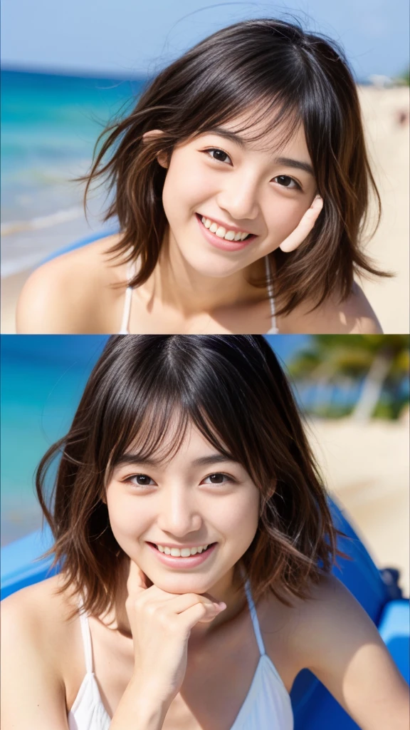 Photos of cute 18 year old Japanese girls、(whole body:1.4),Bob Hair、Droopy eyes、Tear bags、single eyelid、(1 girl:1.2)、bikini、smile、beach