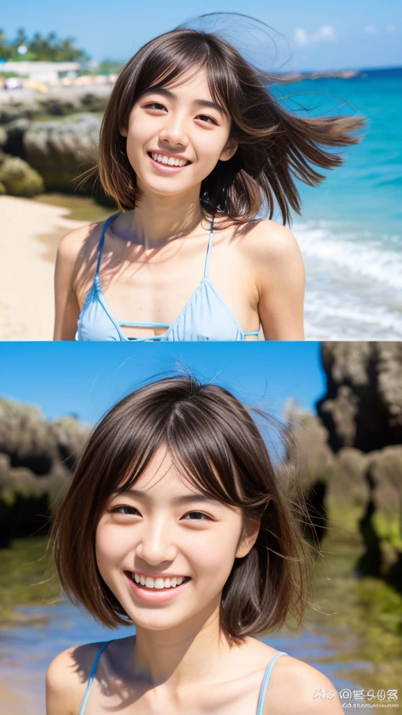 Photos of cute 18 year old Japanese girls、(whole body:1.4),Bob Hair、Droopy eyes、Tear bags、single eyelid、(1 girl:1.2)、bikini、smile、beach