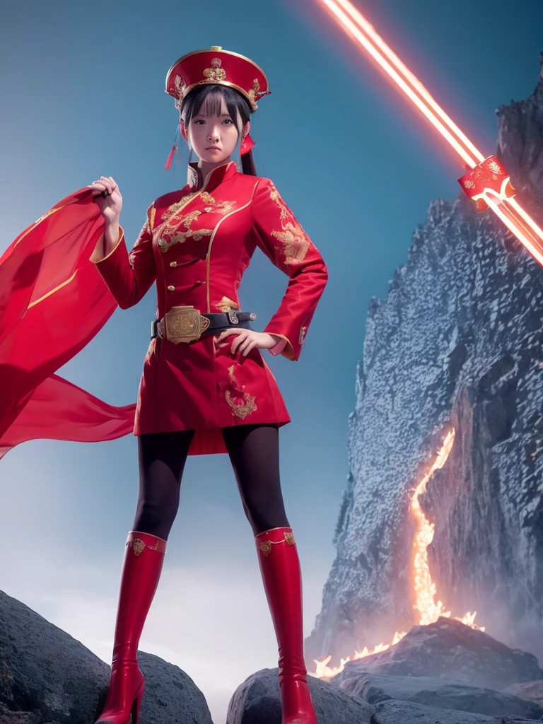 One person is wearing a Chinese red tights with the Chinese national emblem printed on the chest, a Chinese red cloak, red long gloves on both hands, red over-the-knee boots on both feet, and a dragon emblem belt tied around the waist. The full body shot of the super heroine Yangtze and Yellow River Star is shown. body standing posture 100%Portrait photo