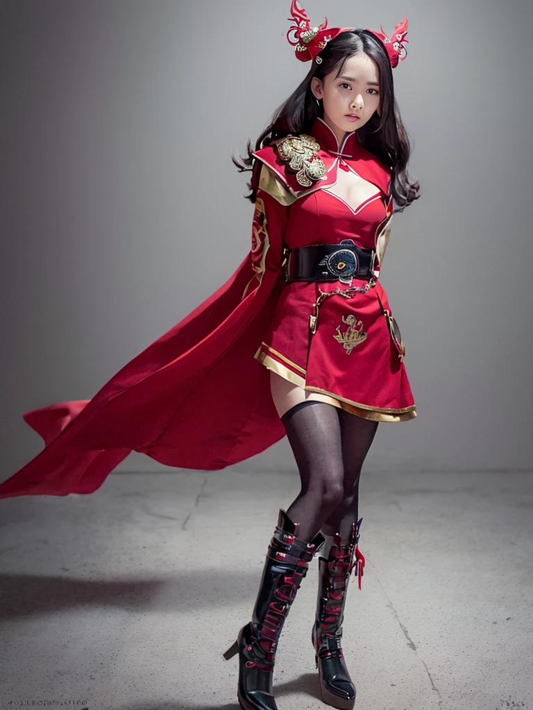 One person is wearing a Chinese red tights with the Chinese national emblem printed on the chest, a Chinese red cloak, red long gloves on both hands, red over-the-knee boots on both feet, and a dragon emblem belt tied around the waist. The full body shot of the super heroine Yangtze and Yellow River Star is shown. body standing posture 100%Portrait photo