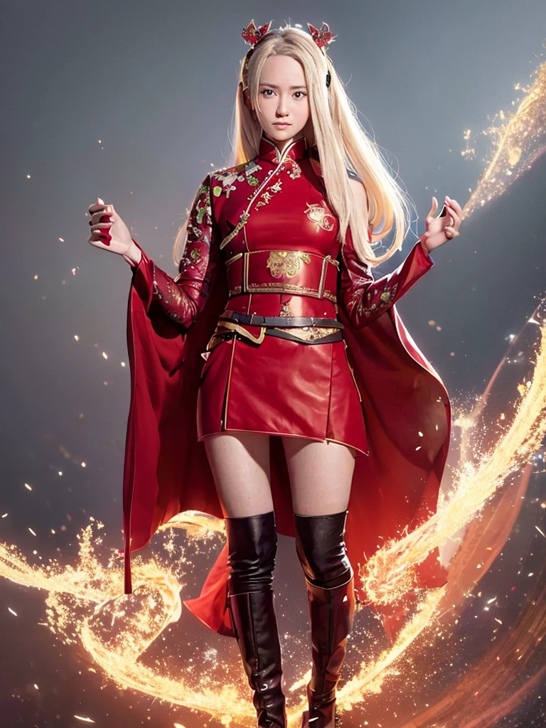 One person is wearing a Chinese red tights with the Chinese national emblem printed on the chest, a Chinese red cloak, red long gloves on both hands, red over-the-knee boots on both feet, and a dragon emblem belt tied around the waist. The full body shot of the super heroine Yangtze and Yellow River Star is shown. body standing posture 100%Portrait photo