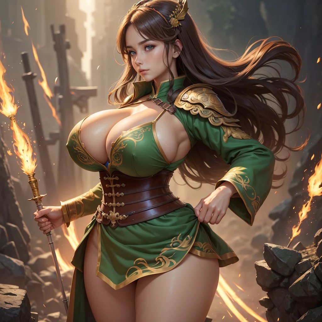 Highly detailed CG unit 8k wallpaper, masterpiece, High resolution, highest quality, highest quality real texture skin, Super Real, Digital Painting, Best image quality, 最High resolution, 8k, ((Highly detailed eyes and face)), 1girl, Beautiful eyes every detail, Full Body Shot, profile, chinese style embroidery, dress, Shogun, Military commander, general, armor, ((disproportionate breasts, huge breasts, sagging breasts, Cleavage, gigantic breasts, Saggy breasts, Gravity-dependent breasts, long chest, Heavy chest, erect nipple)), lewd, Prostitute, smile, (tanned skin, light brown hair, ), light green, deep green, ((spear on hand)),