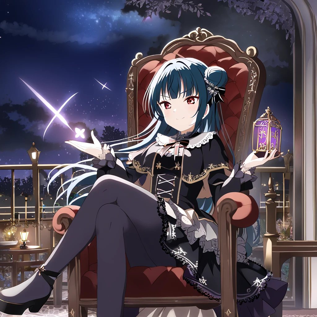 Yoshiko Tsushima、Blue Hair、Red eyes、Bun on the right、Gothic Lolita、smug face、sit cross-legged on a chair、Wink、magic、night、dark