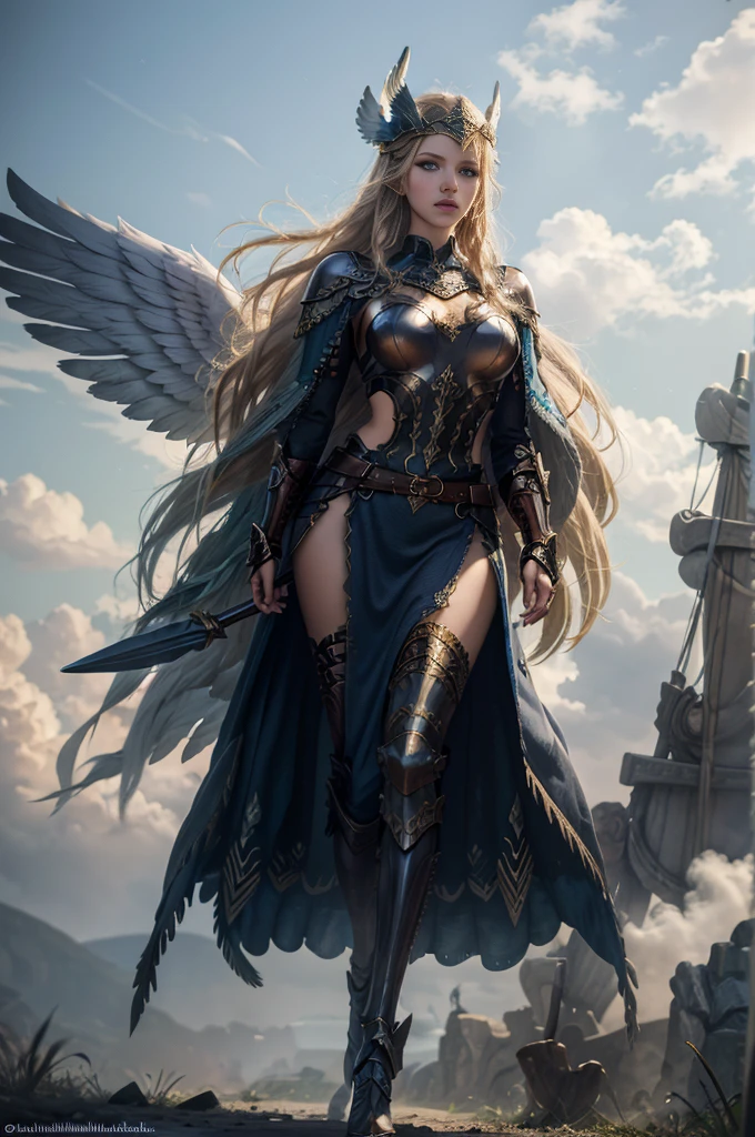 masterpiece, highly detailed, hyperrealistic fullbody shot of beautiful Katherine Winnick as a beautiful valkyrie angel, large angel wings, winged helmet, winged headgear