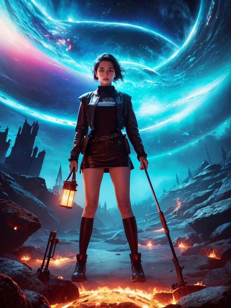 Image of a woman standing against a fantastical background