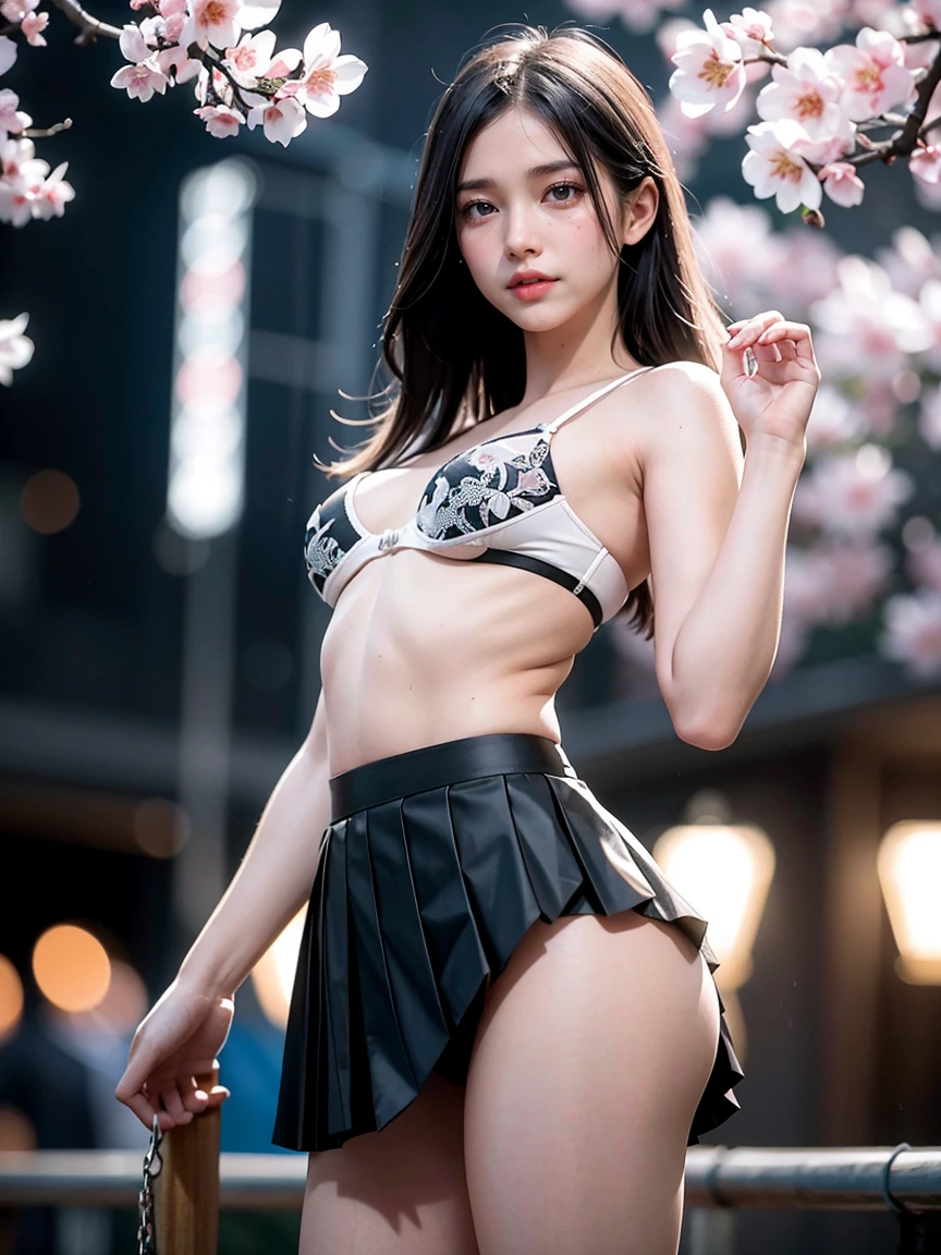 One girl, Black Underwear, branch, building, chain-link fence, cherry blossoms, fence, Long Hair, Outdoor, petal,, rain, bra, ,, alone, Are standing, wood, null,swoodt,born, Cinematic shots, (Sharp focus:1.5), (Realistic:1.4), dusk lighting, Volumetric lighting, Ultra-high resolution, 16K,Dramatic lighting,mini skirt, (skirt lift:1.3), (from bottom:1.3)