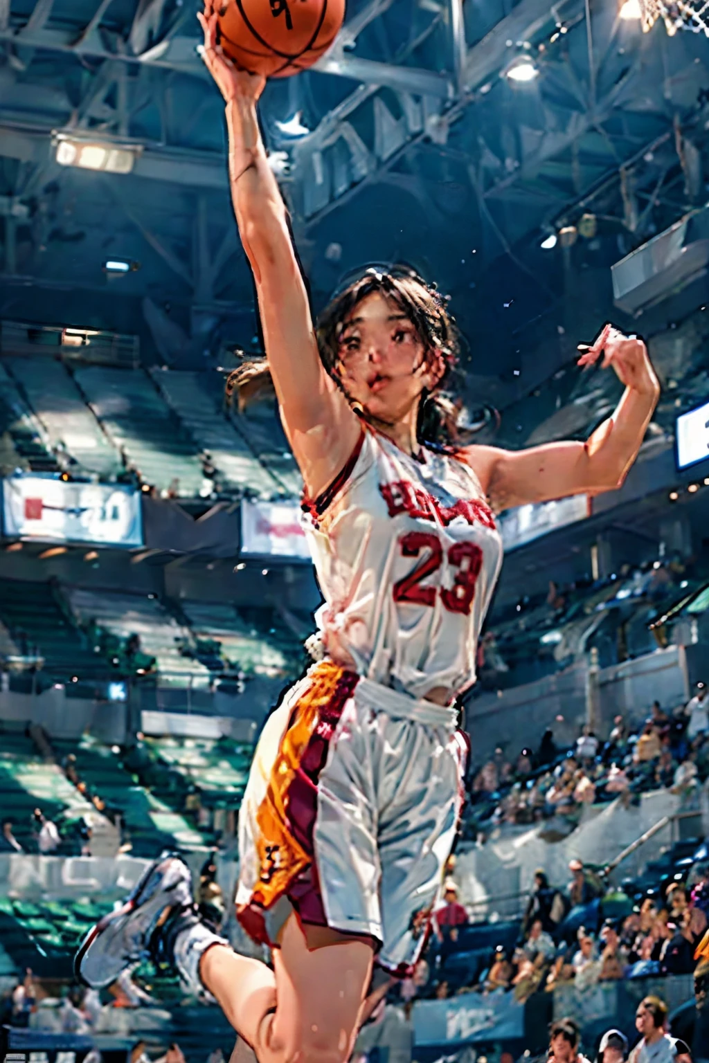 ((Female Basketball Player)), Young and beautiful girl、美しい顔のdetailedな描写、alone, dunk shot, Jumping Chute、close、Motion Blur、Dynamic Angle、stadium lighting、Blur the background、8Kdetailed, (detailed、masterpiece、Highest quality)、