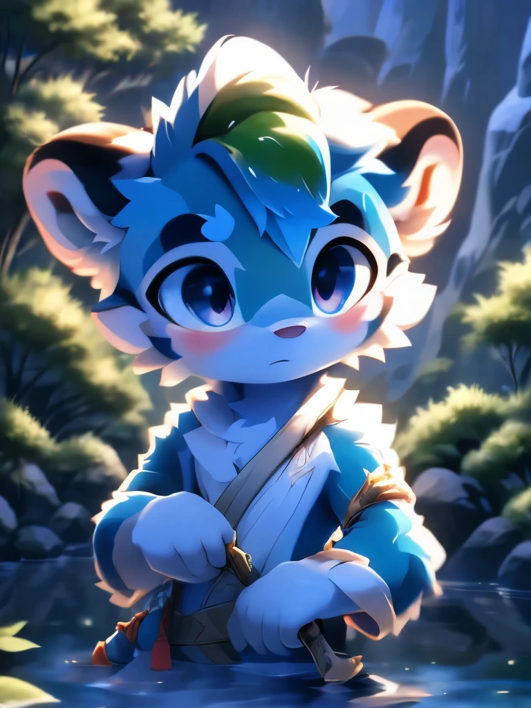 masterpiece，best quality，Gauss，Practical， 1 boy，Male focus，solitary， （Delicate eyes and delicate face） , （Handsome face） , （Perfect anatomical structure） ，Thick eyebrows，Short hair details，Very fine details， 4K , 8K ，Light，Amazing Art，Beautiful scenery  , （Deer bathing in a clear mountain spring） , （blue or white or red sexy） ，moisture，The tree，Rios，Short hair details，view，Colorful Light，Very shy，Right hand，Beautiful flowers and green leaves，antlers，Deer Boy，Toddlers，byPino Deheni, dance, Milk Tiger 1145, dagger, Yes，