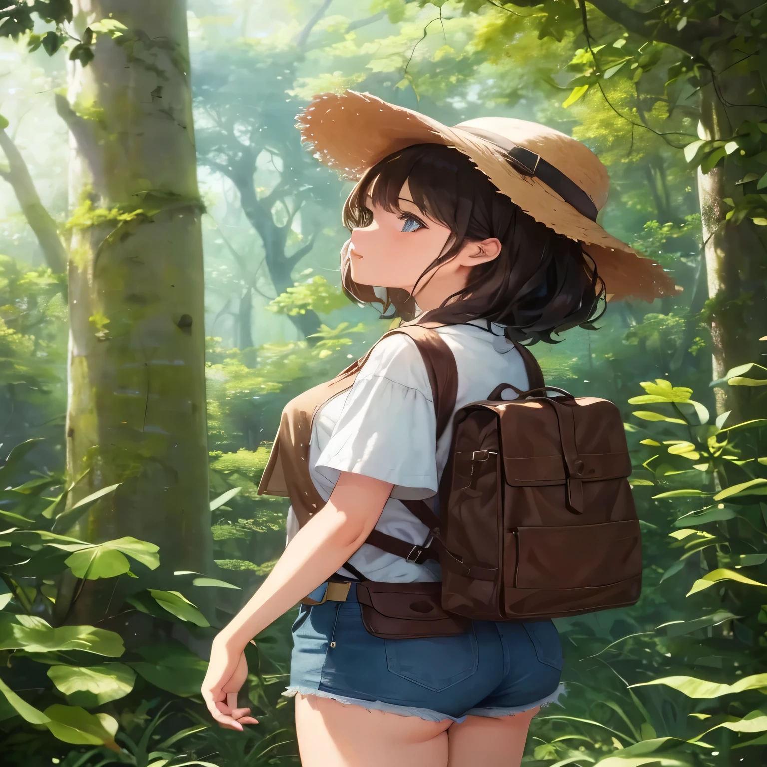 20-year-old women、Dress like an explorer、Explorer's hat、Brown Hair、Her hair is medium length and curly.、In the jungle、wood々The sunlight shines through the image、8k、The woman is looking up at an angle、Image of heading towards the forest、From the back、cute、The woman is a little distance away、Woman looking from the side、wood々The sunlight shining through the gaps is dazzling.、Watching a woman from afar、Shorts、Look up at the sky、Alone in the distance、Quite far、Landscape painting