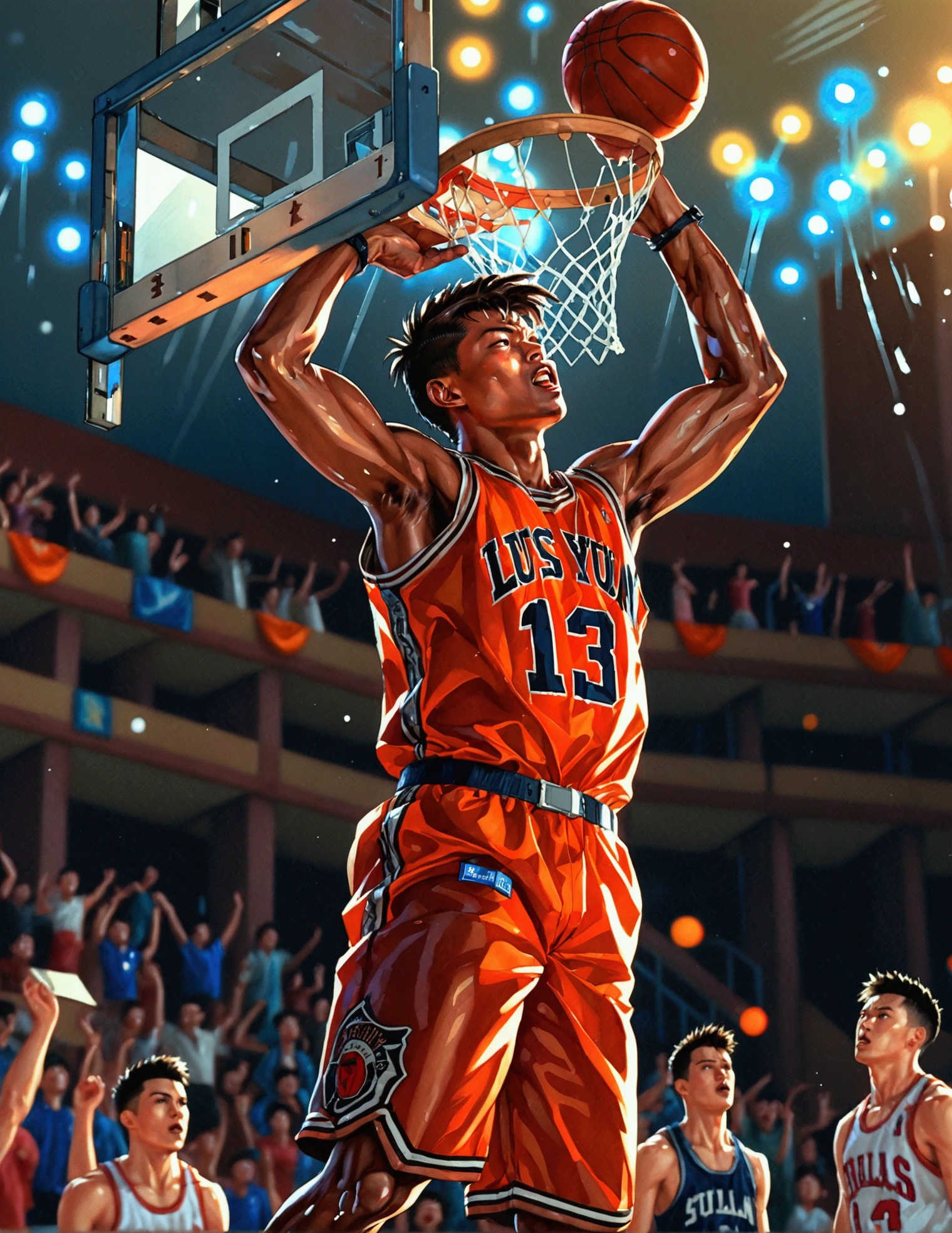SLAM DUNK, Sakuragi Hanamichi, ((incredible dunk)), (big slam dunk moment:1.5), extremely detailed action pose, intense expression, focused eyes, sweat flying, basketball court background, crowd cheering, highly dynamic, sharp focus, vivid colors, studio lighting, dramatic lighting, nostalgic color palette, high contrast, physically-based rendering, ultra-fine painting, motion blur, anime style, UHD, masterpiece, accurate, anatomically correct, textured skin, best quality