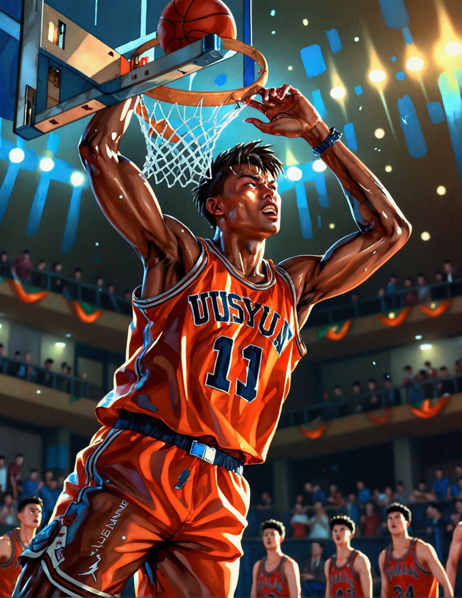 SLAM DUNK, Sakuragi Hanamichi, ((incredible dunk)), (big slam dunk moment:1.5), extremely detailed action pose, intense expression, focused eyes, sweat flying, basketball court background, crowd cheering, highly dynamic, sharp focus, vivid colors, studio lighting, dramatic lighting, nostalgic color palette, high contrast, physically-based rendering, ultra-fine painting, motion blur, anime style, UHD, masterpiece, accurate, anatomically correct, textured skin, best quality
