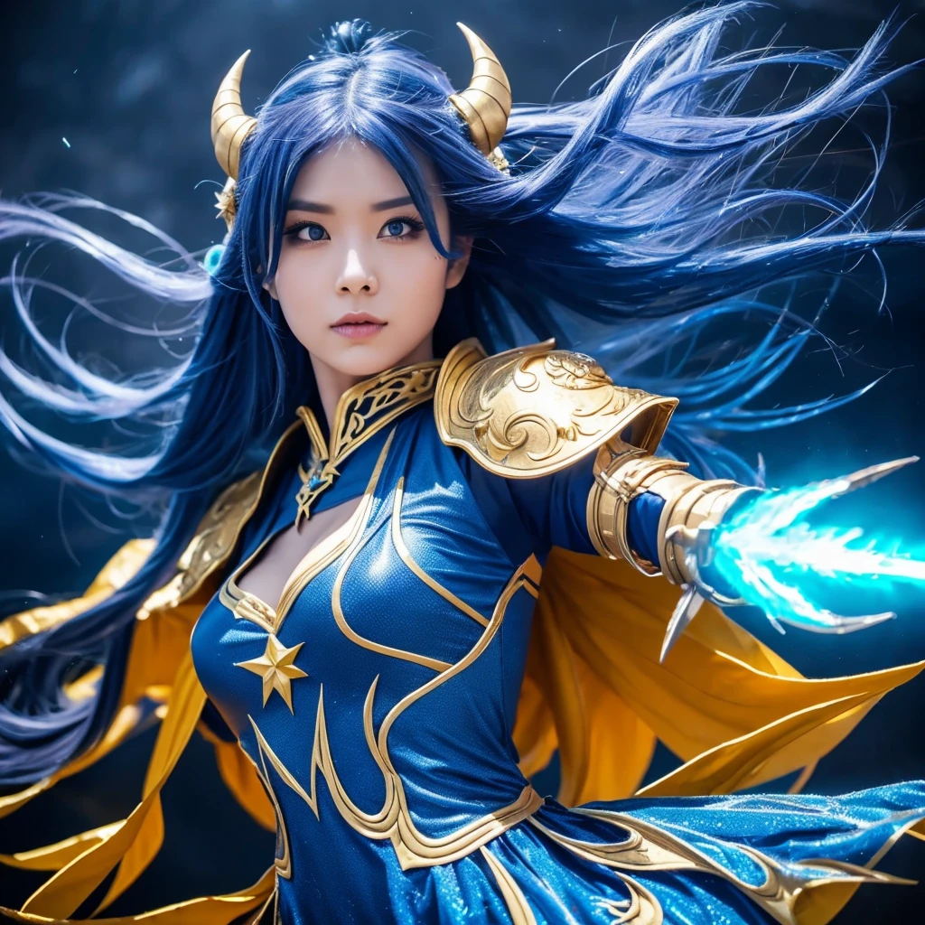pretty face demon princess long beautiful hair windblown in a blue, silver, yellow, red and gold costume, striking jumping fighting stunning pose on a stormy frosty skull floor, intricate tattoo on her body, kylin mount, straight forward.
The background features a extremely frosted sky, with vibrant darkness and effects like lightning smoke ice and flame. also includes mechanical body cosplay, fairy tale elements, and demonic wings. She is holding a giant ancient sword.