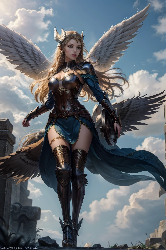 masterpiece, highly detailed, hyperrealistic fullbody shot of beautiful Katherine Winnick as a beautiful valkyrie angel, large angel wings, winged helmet, winged headgear