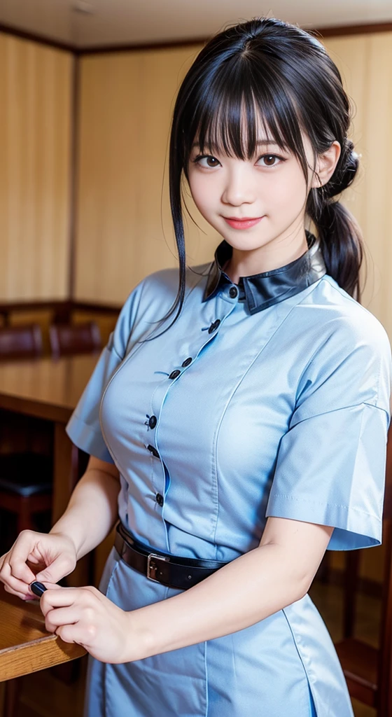 (Highest quality,masterpiece:1.3,Ultra-high resolution,),(Very detailedな,Caustics),(Photorealistic:1.4,RAW shooting,)Ultra-Realistic Capture,Very detailed,High resolution 16K human skin closeup。 Natural skin texture、,Pores、、、、It must be detailed enough to be easily identifiable。 Skin tone is even and healthy looking。 Use natural light and colour,restaurant,Waitress Uniform,1 girl,Japanese,18-year-old,cute,Black-haired,ponytail,Big Breasts,smile,Turn your body forward,(Front view:1.1),Looking at the camera,Cowboy Shot,