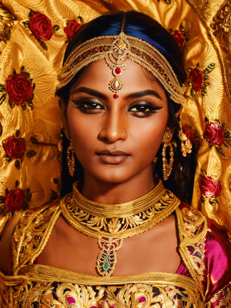 pooja hedge, beautiful detailed eyes, beautiful detailed lips, extremely detailed face and eyes, long eyelashes, indian woman, traditional indian lehenga, intricate ornate jewelry, ornate headdress, opulent, vibrant colors, detailed embroidery, shimmering fabric, ornate decorative background, photo-realistic, 8k, highly detailed, masterpiece