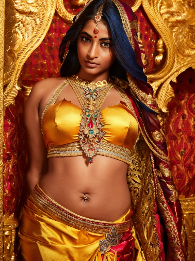 pooja hedge, beautiful detailed eyes, beautiful detailed lips, extremely detailed face and eyes, long eyelashes, indian woman, traditional indian lehenga, intricate ornate jewelry, ornate headdress, opulent, vibrant colors, detailed embroidery, shimmering fabric, ornate decorative background, photo-realistic, 8k, highly detailed, masterpiece