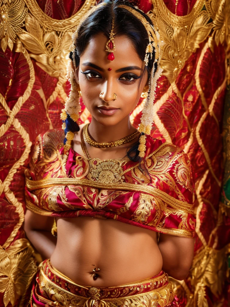 pooja hedge, beautiful detailed eyes, beautiful detailed lips, extremely detailed face and eyes, long eyelashes, indian woman, traditional indian lehenga, intricate ornate jewelry, ornate headdress, opulent, vibrant colors, detailed embroidery, shimmering fabric, ornate decorative background, photo-realistic, 8k, highly detailed, masterpiece