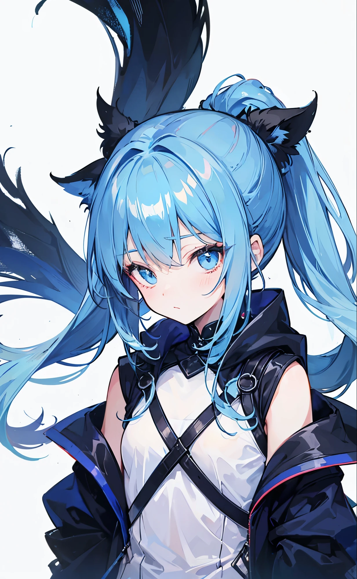 Dark blue fox-like high ponytail，Simple light blue cotton coat，Petite cute sweet lady girl