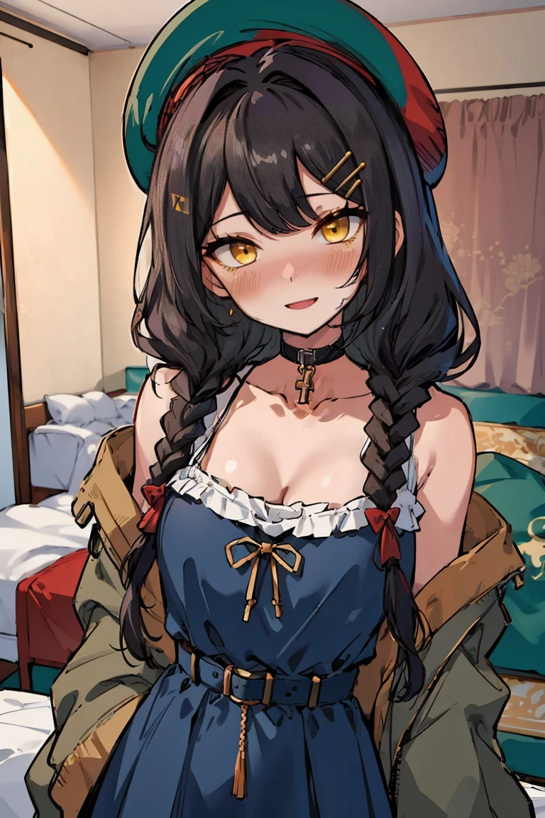 (masterpiece:1.2), (high quality:1.2), (hui xiyi:0.7), rekkyo sensen, rekkyou sensen, girls with((1girl, solo, black hair, yellow eyes, (wavy long hair, right swept bangs, wearing a red millitary beret, braids, hairclips:1.54), blush, breasts, choker, cleavage, coat, cowboy shot, blue dress, frills dress, ribbon waist belt, collar, collarbone, rosary, rosary choker, cross, fur, khaki hoodie, green hoodie, hood down, hooded coat, hooded jacket, hoodie, jacket, large breasts, long hair, long sleeves, medium breasts, open clothes, open coat,open hoodie, sleeveless, winter clothes, zipper, cleavage, upper body, hand up, waving, palm)), background with((bedroom, room:2.0))