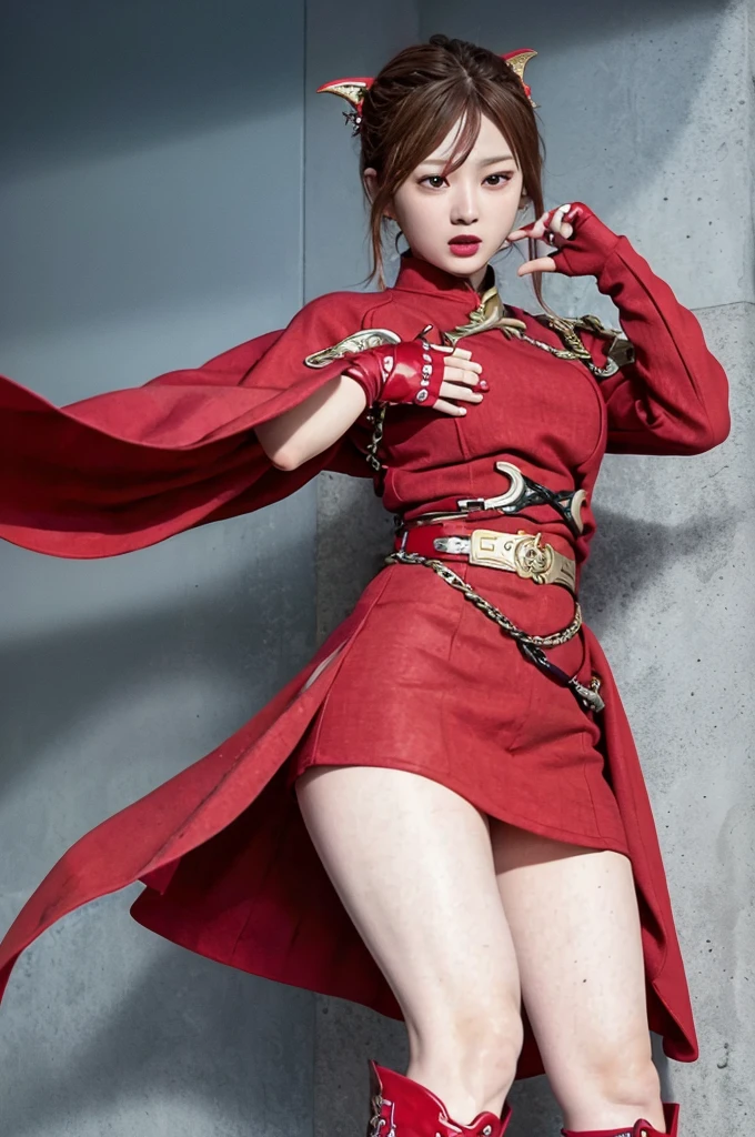 One person is wearing a Chinese red tights with the Chinese national emblem printed on the chest, a Chinese red cloak, red long gloves on both hands, red over-the-knee boots on both feet, and a dragon emblem belt tied around the waist. The full body shot of the super heroine Yangtze and Yellow River Star is shown. body standing posture 100%Portrait photo