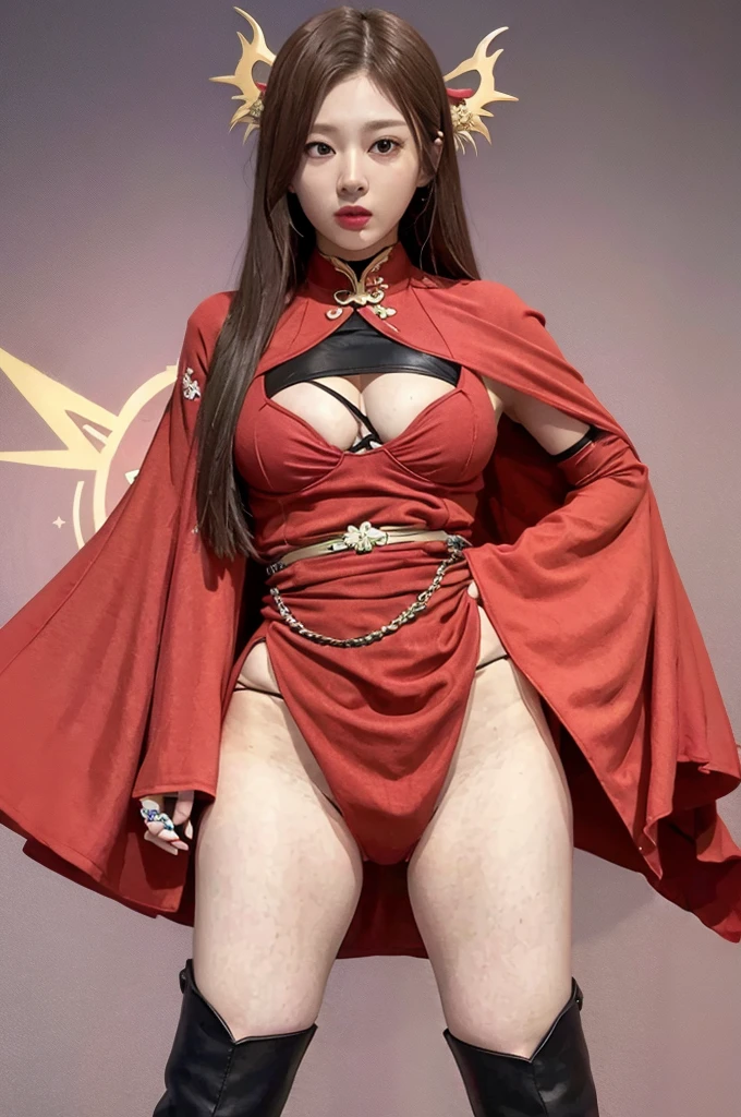 One person is wearing a Chinese red tights with the Chinese national emblem printed on the chest, a Chinese red cloak, red long gloves on both hands, red over-the-knee boots on both feet, and a dragon emblem belt tied around the waist. The full body shot of the super heroine Yangtze and Yellow River Star is shown. body standing posture 100%Portrait photo