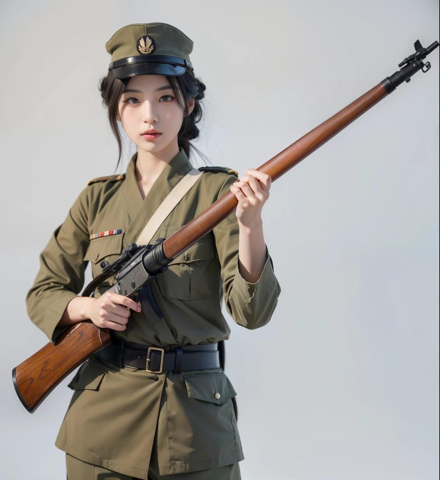 In the throes of World War II, amidst the chaos and turmoil, emerges a striking figure from the ranks of the Japanese Empire. She is a soldier, a rare blend of beauty and authority, her presence commanding respect on the battlefield. Her captivating features are a stark contrast to the harsh realities of war, her delicate face framed by a neatly tied bun, her eyes sharp and resolute. Clad in her uniform, her hands firmly grip an Arisaka rifle. Despite her beauty, her demeanor is stern and unwavering, a testament to her commitment and strength. She stands as a beacon of courage and resilience, embodying the spirit of a warrior in an era defined by conflict. super fine body, super fine face, super fine eyes, super fine nose, superfine mouth, super fine hands, super fine fingers, good shape, very perfect body, very perfect face, very perfect eyes, very perfect nose, very perfect mouth, very perfect hands, very perfect fingers, super detailed body, super detailed face, super detailed eyes, super detailed nose, super detailed mouth, super detailed hands, super detailed fingers, super high quality, very beautiful girl, super realistic, raw photo, natural eyelash, muscular, perfect shape, military, japanese world war II military uniform, katana, arisaka rifle, world war II, japanese soldier, japanese empire soldier, imperial japanese army.