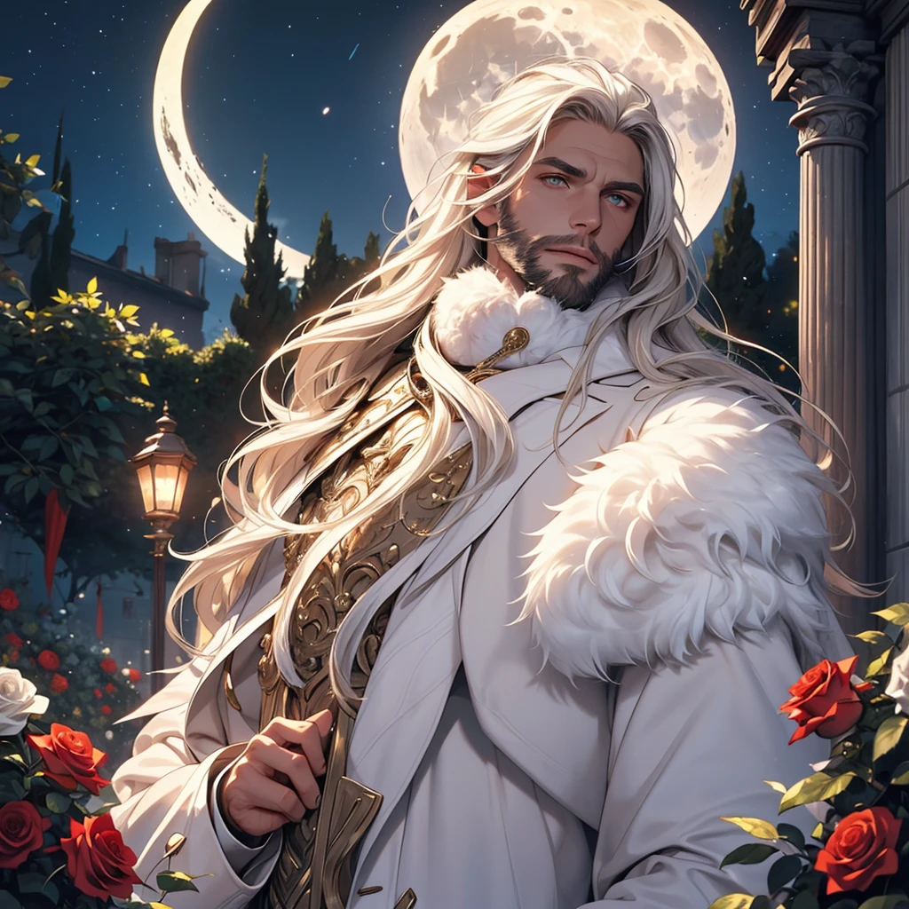 masterpiece, Highest quality, dramatic, 1 person,Long white hair, Psychic Eyes,alone, Long Hair, Tiago Azevedo, moon, night, White luxury suit, Pouting, fur, Proud look,garden, Detailed Background,Cinema Lighting, rose, fashion, Balenciaga Style