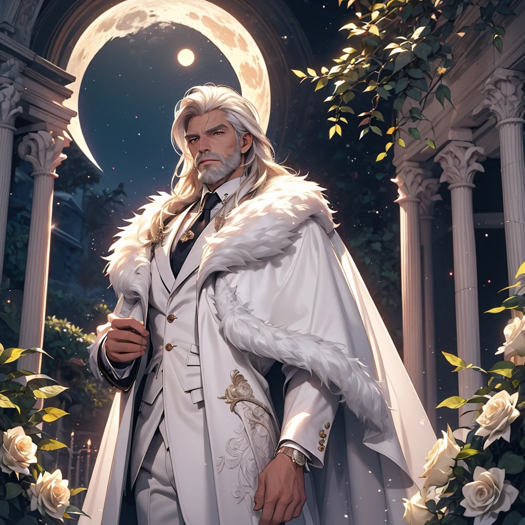 masterpiece, Highest quality, dramatic, 1 person,Long white hair, Psychic Eyes,alone, Long Hair, Tiago Azevedo, moon, night, White luxury suit, Pouting, fur, Proud look,garden, Detailed Background,Cinema Lighting, rose, fashion, Balenciaga Style