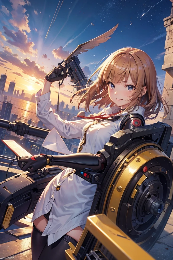  an anime girl, masterpiece, 4K,detailed, best quality, no bad anatomy and fingers, dynamic pose, Action Painting, a beautiful young cyborg girl, smile, taking off into the sky, blunt bangs, flipped medium hair, super detailed skin, FINAL FANTASY 12, make-up, cool mechanical wings, the city of Monaco, Ryu Fujisaki, Hayao Miyazaki,