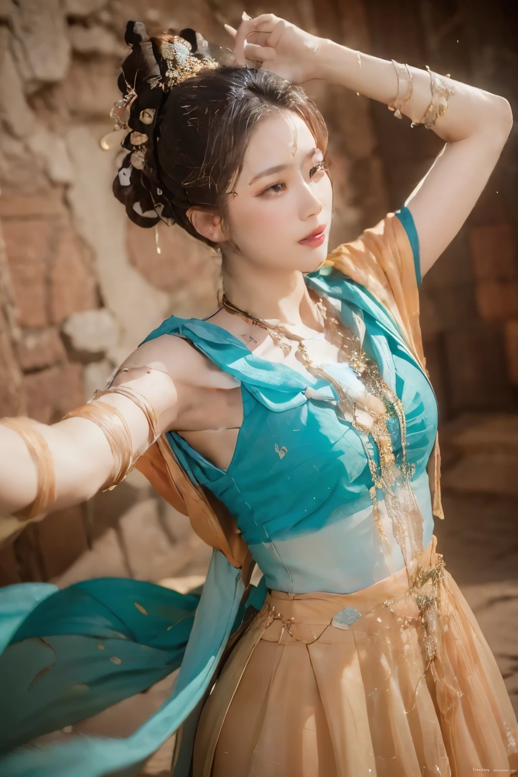 (8k, RAW photos, best quality, masterpiece:1.2), (realistic, photo-realistic:1.4), (extremely detailed CG unity 8k wallpaper), 1 girl solo, dance, Dunhuang_dress, Dunhuang_style, Dunhuang_background,