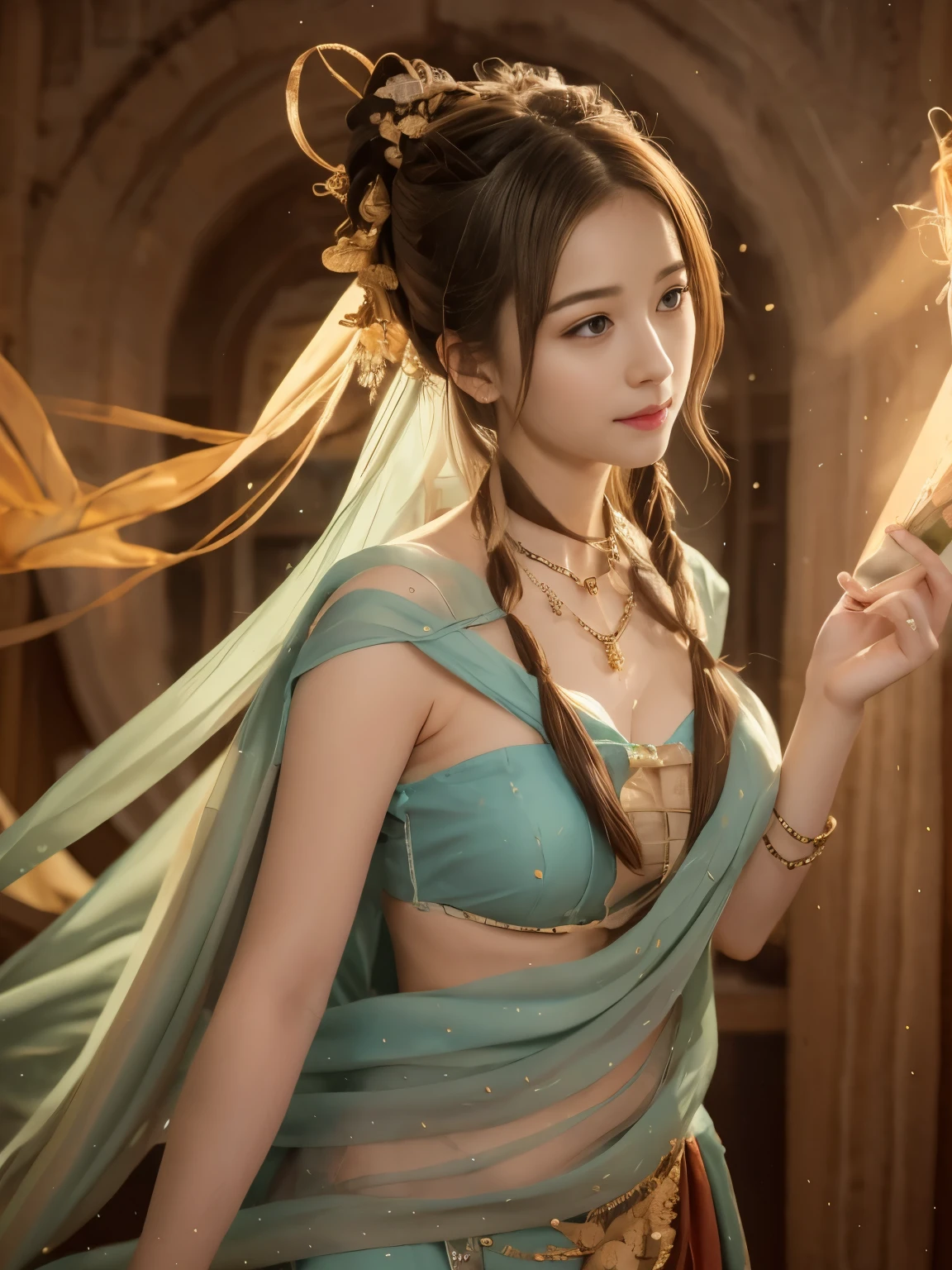 (RAW photos, best quality), (realistic, photo-realistic:1.3),best quality,very detailed,masterpiece,very detailed,illustration,1 woman,High_body,dynamic angle,world masterpiece theater,crummy_long_hair,best quality,very detailed CG Unity 8k 벽지,ink,amazing,movie lights,lens_flare, Dunhuang_style
