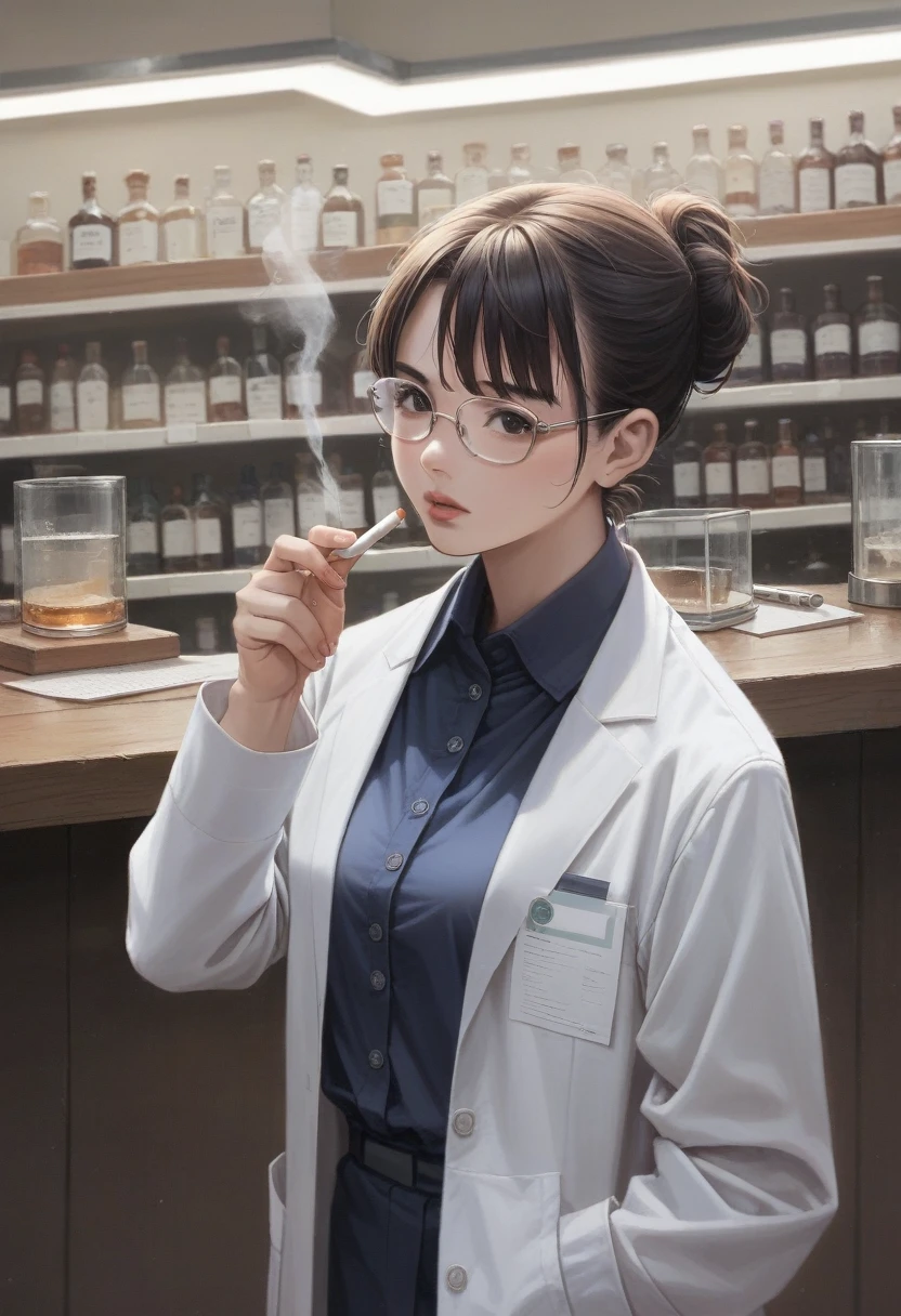 there is a woman that is smoking a cigarette in a bar, wearing lab coat and a blouse, painted in anime painter studio, working in her science lab, digital anime illustration, experimenting in her science lab, with a lab coat, stood in a lab, made with anime painter studio, in an anime style, high quality fanart, in the art style of bowater