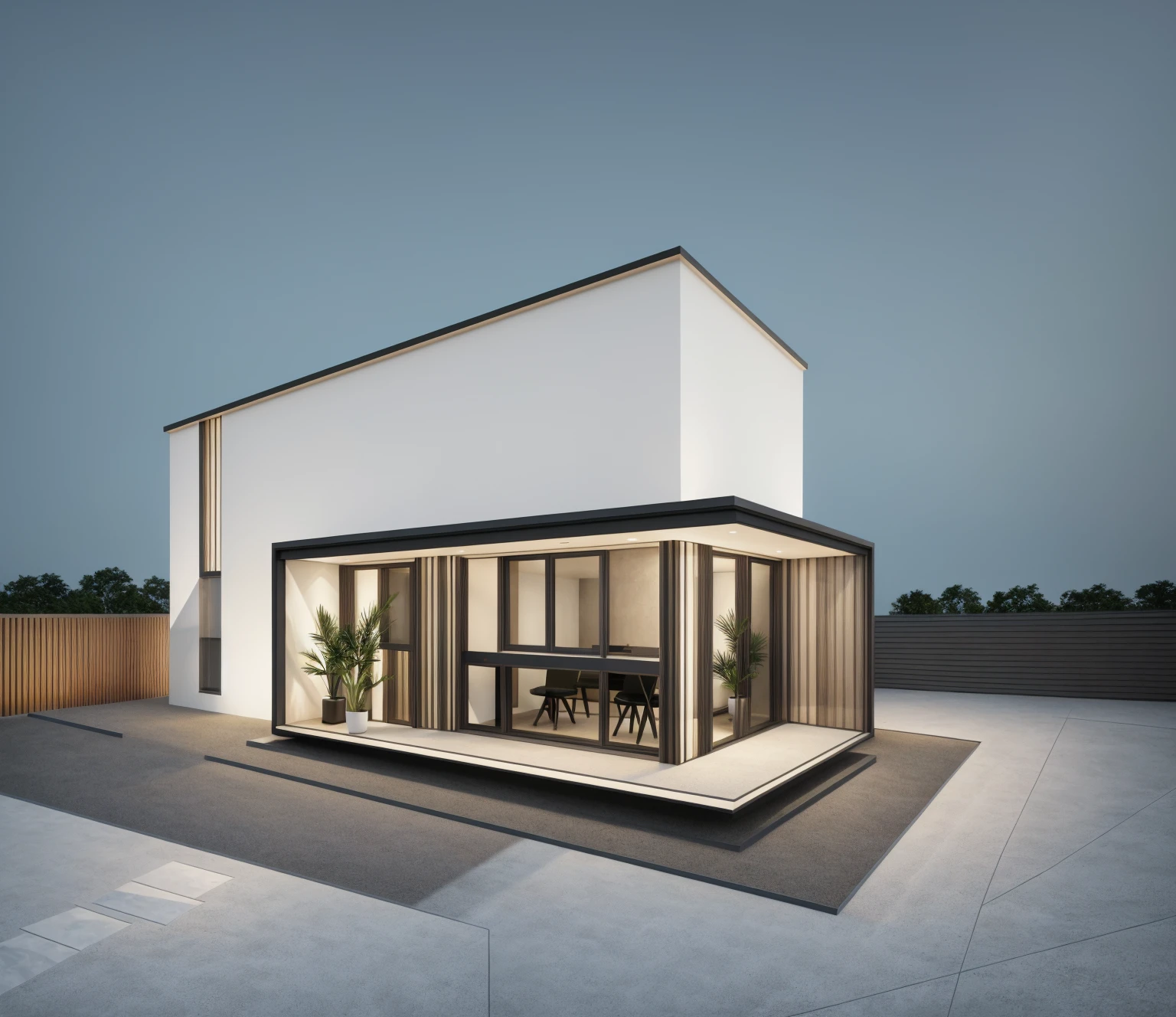 1 morden architect, main material by white wall and wood, 1large yard, 1 road runs in front of the house,  (RAW photo, real, best quality, masterpiece:1.2), look morden minimalist, 1 road in front of the house, dynamic lighting:1.3, (hyper realistic, photo-realistic:1.2), high quality, (dark lighting:1.2), perfect lighting, archdaily, no human