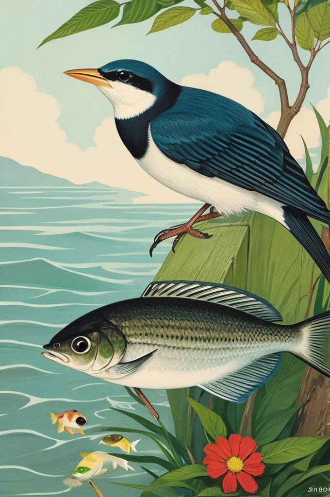 Small bird at the river mouth、fish、There are cans with illustrations of insects and other creatures.