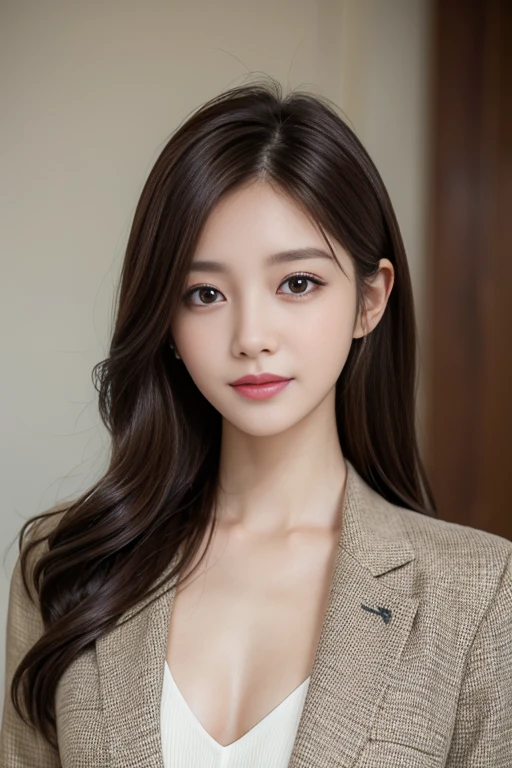 ulzzang-6500-v1.1,(8K, best quality, masterpiece: 1.2),On the table, best quality, Practical, Very detailed, Finely, high resolution, 8k wallpaper, 1. Beautiful woman,, Light brown messy hair, Wearing a suit, Clear focus, Perfect dynamic composition, Delicate and beautiful eyes, Fine Hair, Detailed and Practical skin texture, Smile, Model figure