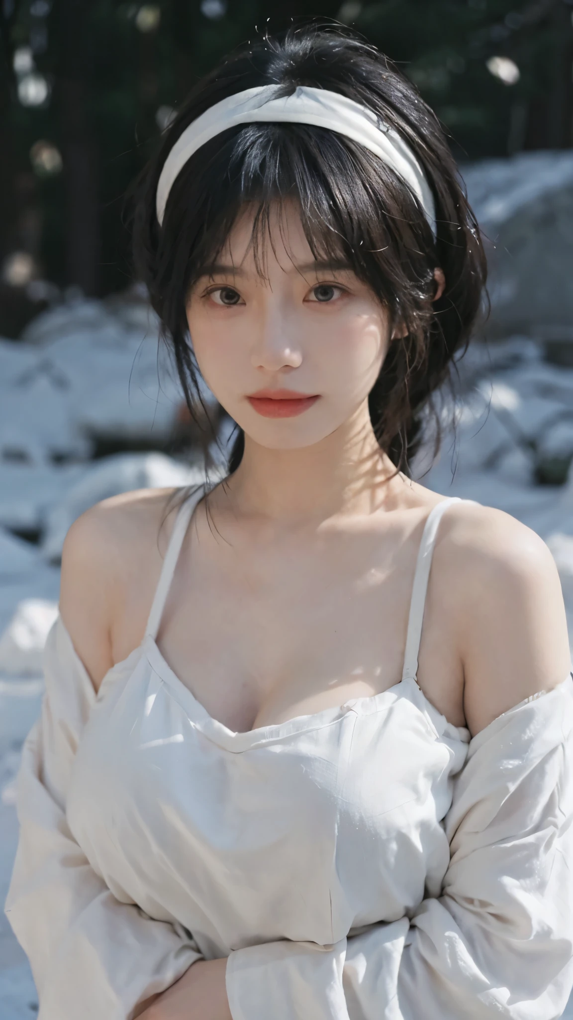 Portrait photography，1 girl，Off Shoulder，Snow Scene，Snowing background，Off Shoulder蝴蝶印花连衣裙女夏季性感辣妹收腰修身包臀裙子，Flowers，White，whole body：1.4，Lipstick，(Big Breasts:1.6)，Headband，serene，calm，(Realistic and detailed eyes，Natural skin texture，Realistic facial details)，
