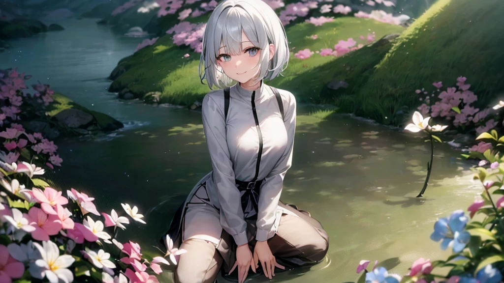 とてもShort Hair, Long bangs between the eyes, Very detailed,(masterpiece、Highest quality)、alone、Gray Hair、Fantasy, Silver Hair, Fantasyな風景、smile、Open your mouth、short hair、Short Hair、hairpin、black eye、Grey Eyes、Beautiful Eyes、Black Shirt、White hoodie