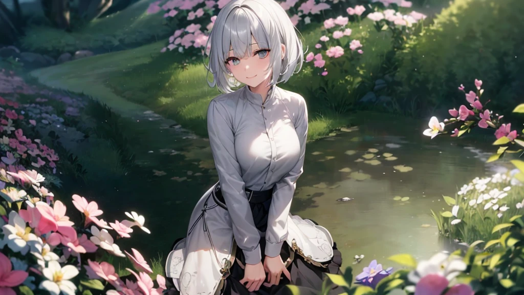 とてもShort Hair, Long bangs between the eyes, Very detailed,(masterpiece、Highest quality)、alone、Gray Hair、Fantasy, Silver Hair, Fantasyな風景、smile、Open your mouth、short hair、Short Hair、hairpin、black eye、Grey Eyes、Beautiful Eyes、Black Shirt、White hoodie