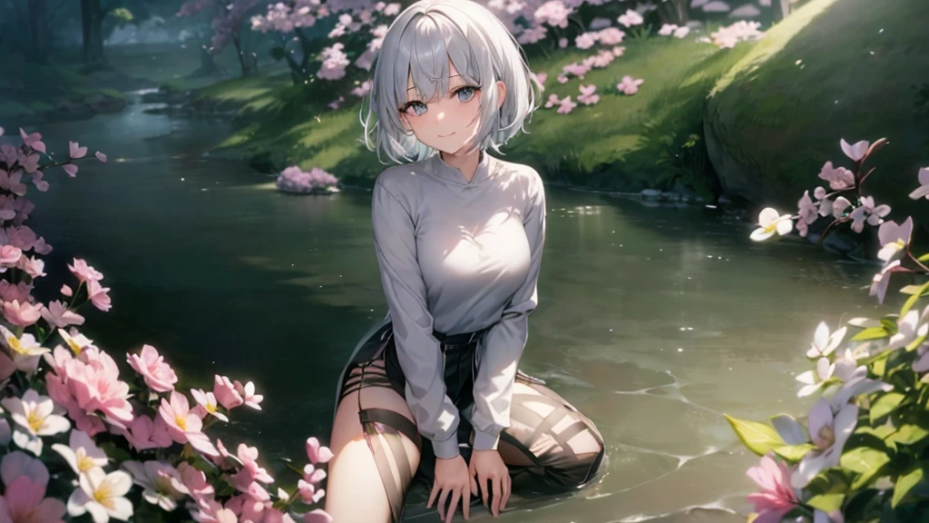 とてもShort Hair, Long bangs between the eyes, Very detailed,(masterpiece、Highest quality)、alone、Gray Hair、Fantasy, Silver Hair, Fantasyな風景、smile、Open your mouth、short hair、Short Hair、hairpin、black eye、Grey Eyes、Beautiful Eyes、Black Shirt、White hoodie