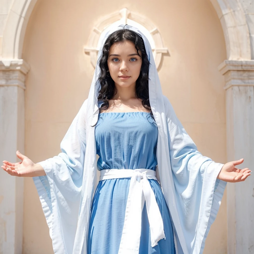 Beautiful woman with open arms, detailed light blue eyes, Curly black hair. wearing a blue tunic with wide, long sleeves adjusted at the waist by an interlaced white sash