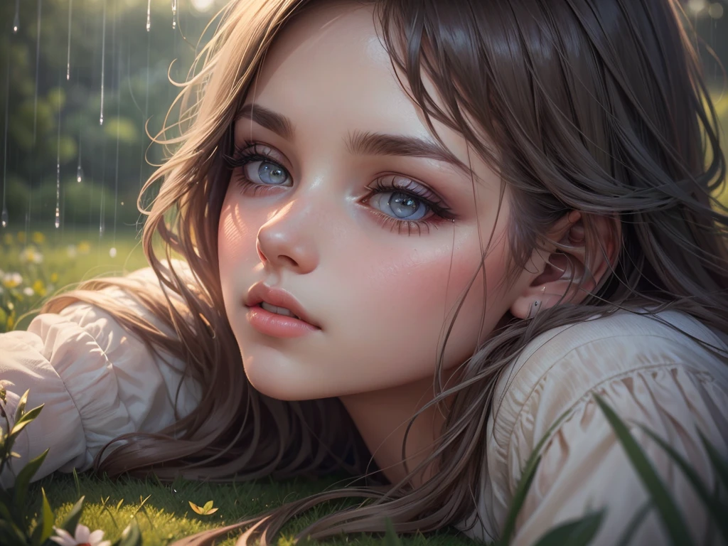 a beautiful girl lying on the grass, watching the rain fall, detailed eyes and face, long eyelashes, serene expression, romantic mood, dreamy, atmospheric lighting, cinematic, muted color palette, dramatic shadows, photorealistic, masterpiece, high-quality, realistic, award-winning photography