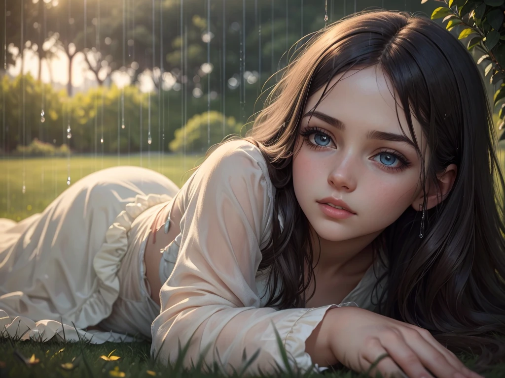 a beautiful girl lying on the grass, watching the rain fall, detailed eyes and face, long eyelashes, serene expression, romantic mood, dreamy, atmospheric lighting, cinematic, muted color palette, dramatic shadows, photorealistic, masterpiece, high-quality, realistic, award-winning photography