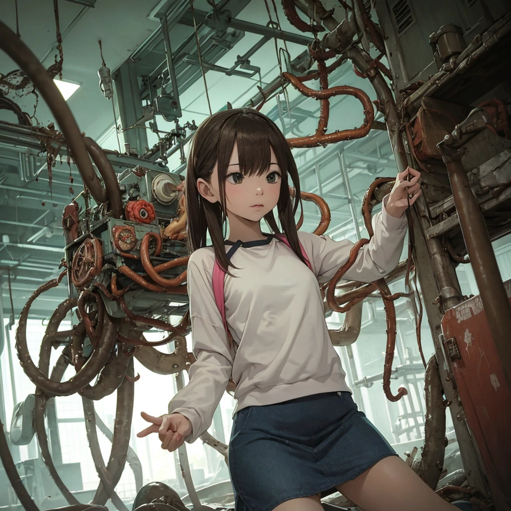 Girl captured by tentacles in abandoned factory、Tentacles in a skirt、Pants fabric texture、Pleasant face