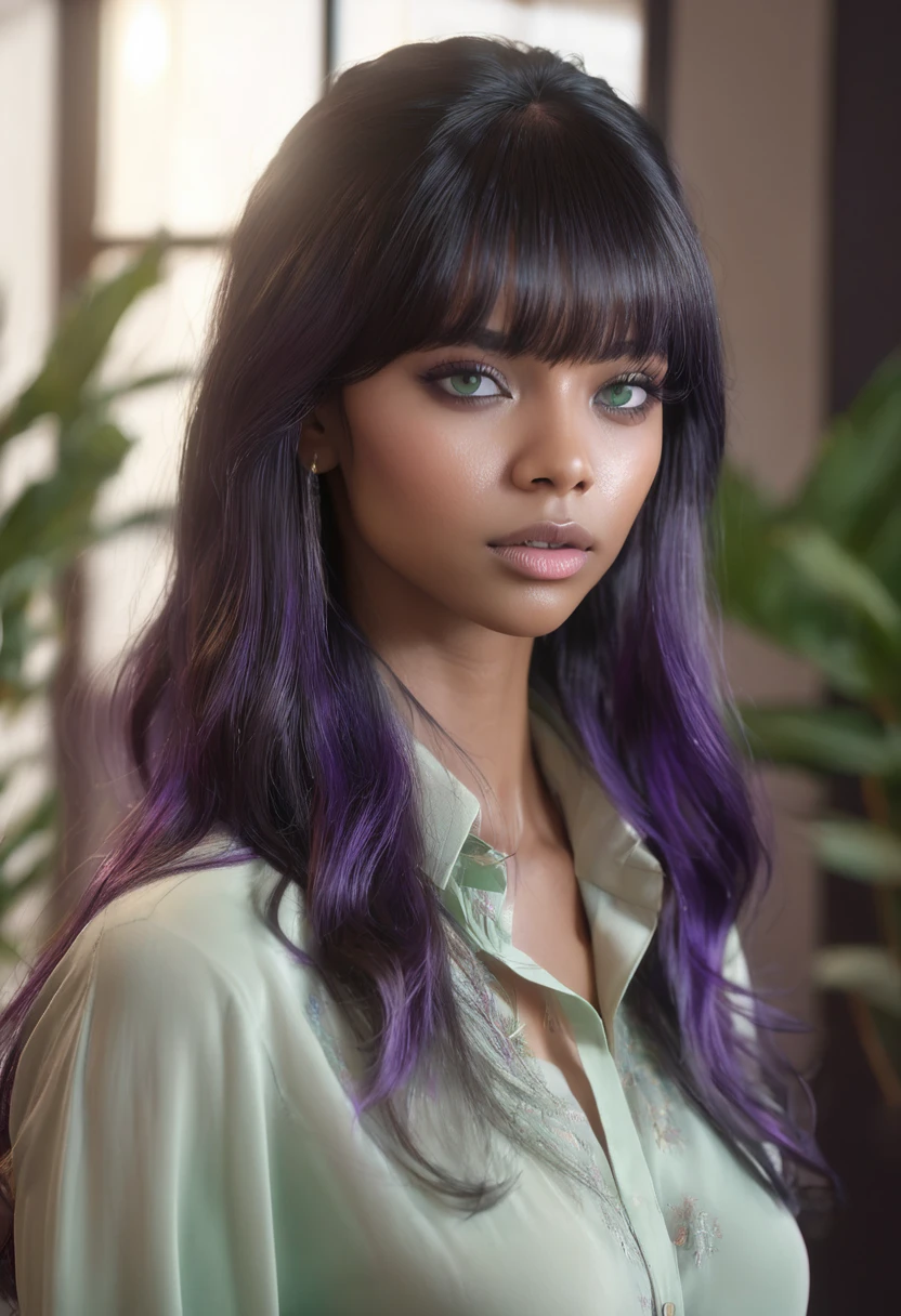 1 woman, inside a room decorated in neutral colors, wearing a modern blouse, detailed facial features, detailed female purple eyes, detailed dark skin, long mint-colored hair with bangs, soft lighting, soft expression on her face, cinematic composition cold, brunette atmosphere, serious face, beautiful, delicate chin, pretty girl, 25 years old (best quality, 4K, 8K, high resolution, art: 1.2), ultra-detailed, (realistic, photorealistic, photorealistic: 1.37)