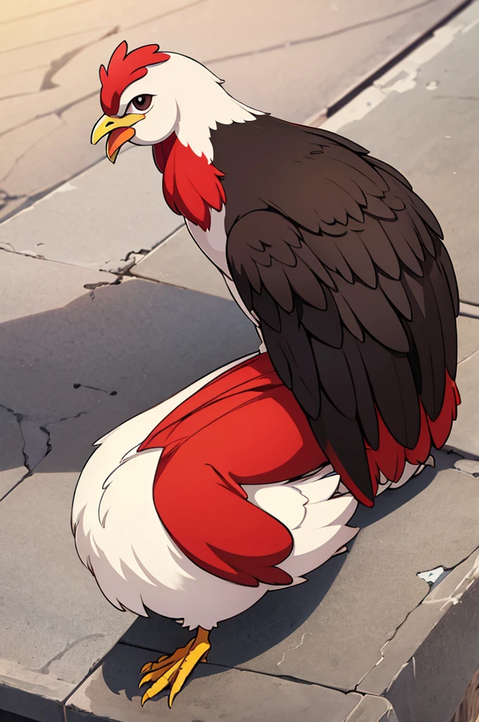 (realitic), Male chicken looking straight ahead alone, sitting cutely